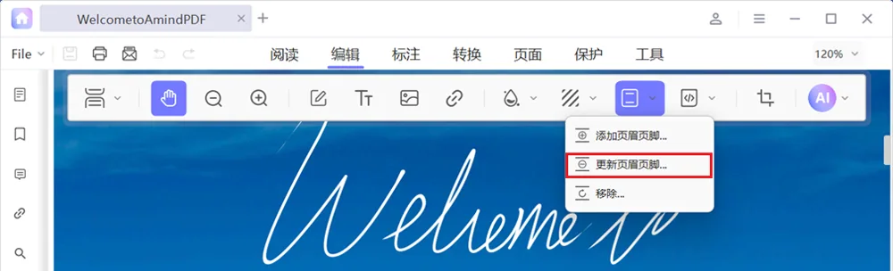 选择“更新页眉页脚”选项来更新PDF的页眉页脚