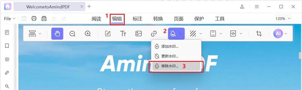 要删除水印，请单击“编辑”>“水印”>“移除水印”选项